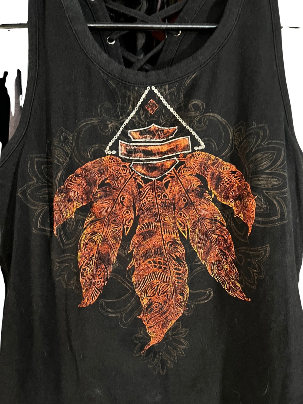 Harley-Davidson Black Tank Top with Orange Feather Graphic and Lace-Up Back